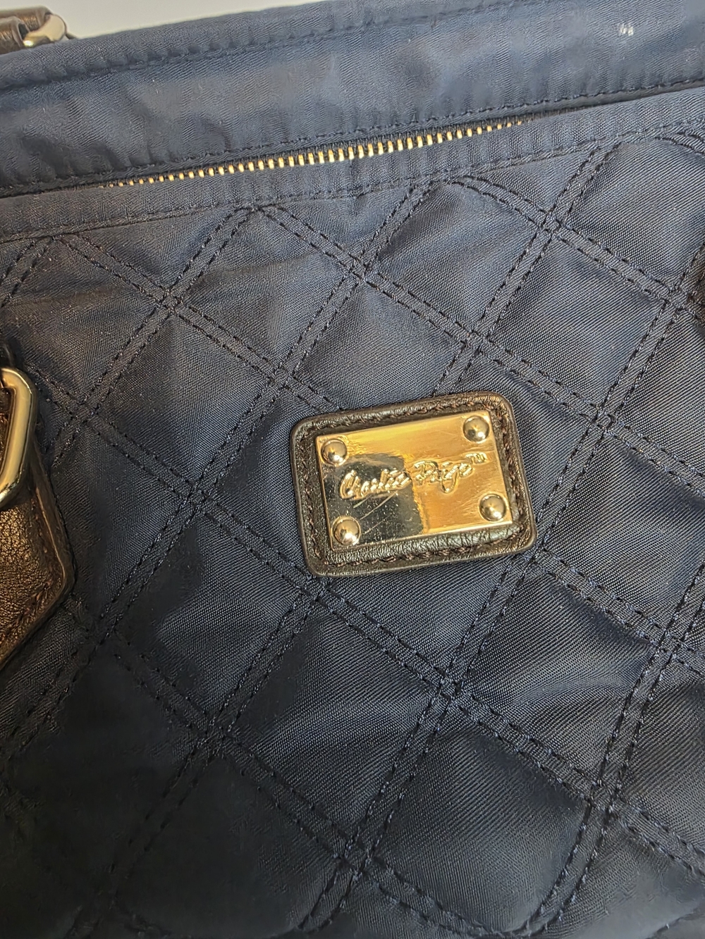 Authentic Quilted Navy Shoulder Bag with Gold Plaque